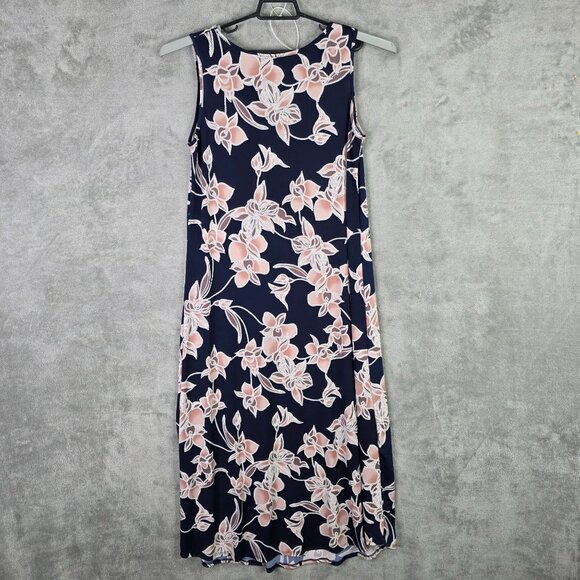 Womens SJS Floral Navy & Pink Sleeveless Midi Dress Polyester Stretch Size L - Picture 5 of 8